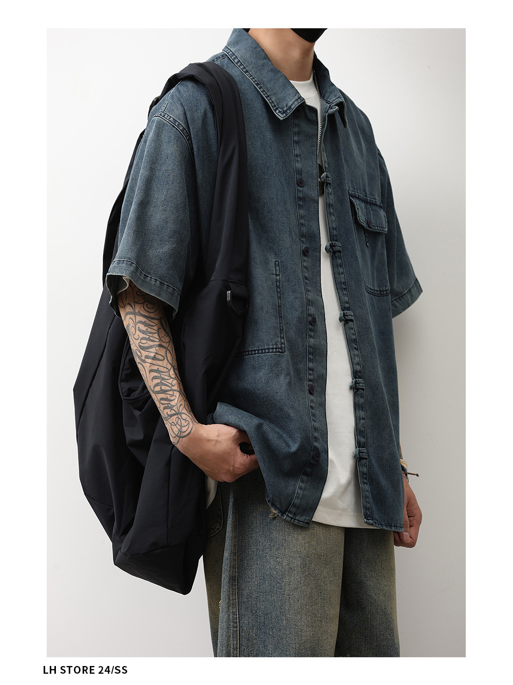 1 Denim Short Sleeve Summer New Chinese Niche Design Button Dark Blue Shirt Men's National Style Jacket Trendy_voghion.com