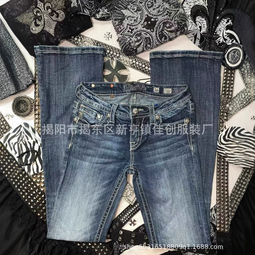 Уличные эластичные прямые джинсы с инкрустацией бриллиантами, потертые брюки, модная вышивка в стиле ретро, ​​трансграничная внешняя торговля