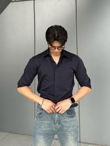 Black Men's Short Sleeve Shirt Trendy High-End British Rugged Men's Summer Outfit Seven-Fifths Mid-Sleeve Shirt Slim Fit