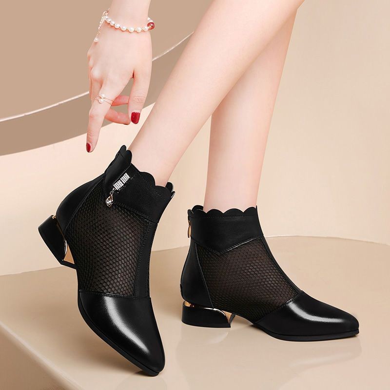 Botas de malla de cuero suave 2026 nueva primavera y verano transpirable tacones bajos suaves antideslizantes sandalias de tacones gruesos para mujeres
