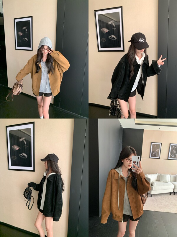 实拍 复古麂皮夹克女2025秋季美式宽松翻领休闲百搭显瘦外套上衣|undefined