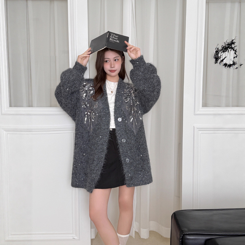 2025 New Korean Style Mid-Length Loose Versatile Sweater Women's Cardigan Lazy Style Lace Knitwear Women's Fashion