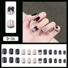 新款純黑色閃粉美甲貼片假指甲無痕氣質顯白黑色蝴蝶結飄帶穿戴甲