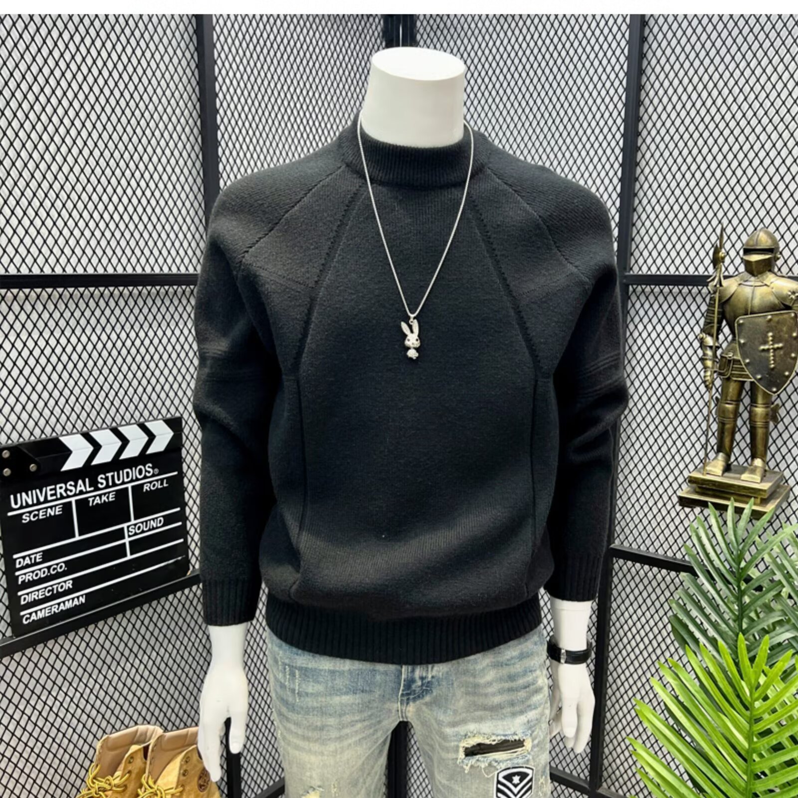 Men's High Neck Sweater Spring Gray Loose Fit Warm Thick Mid Neck Knitted Base Layer_voghion.com