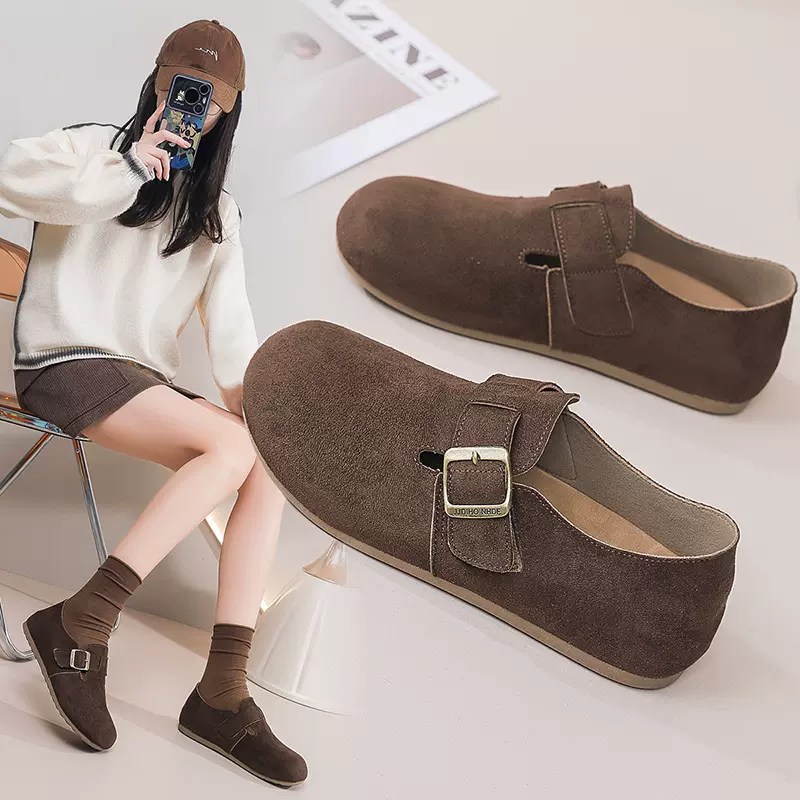 鞋子女2026春季新款内增高休闲单鞋复古时尚搭扣平底勃肯鞋妈妈鞋