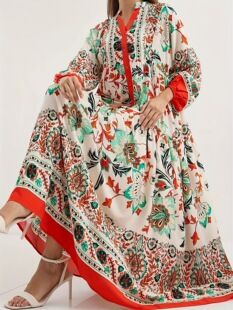 Middle Eastern Arab women's long skirt Muslim Turkish robe elegant loose long sleeves V-neck Islamic flowers
