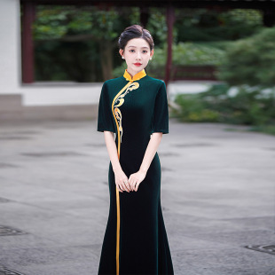 Yunjin Fishtail Cheongsam Body Etiquette Show Cheongsam Model Performance Front Split Yunchang Flower Dress Mother Dress plus size
