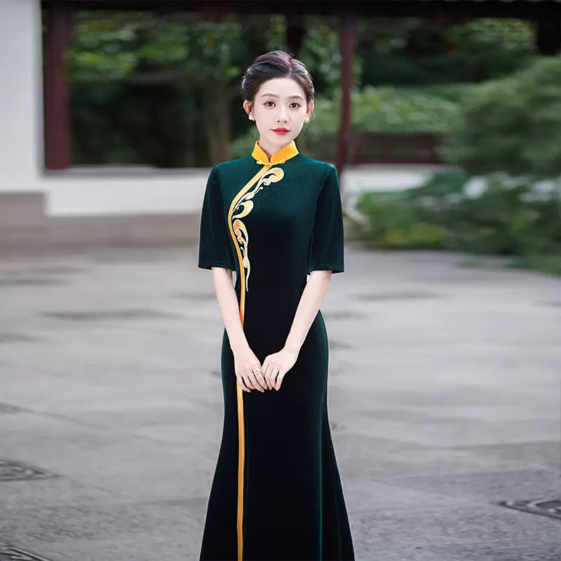 云锦鱼尾旗袍形体礼仪走秀旗袍模特演出前开叉云裳花容妈妈装大码