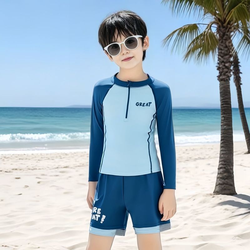 子供水着男の子スプリット2025新しい男の子水着中大子供とティーンエイジャー長袖日焼け止め水泳パンツ夏|undefined