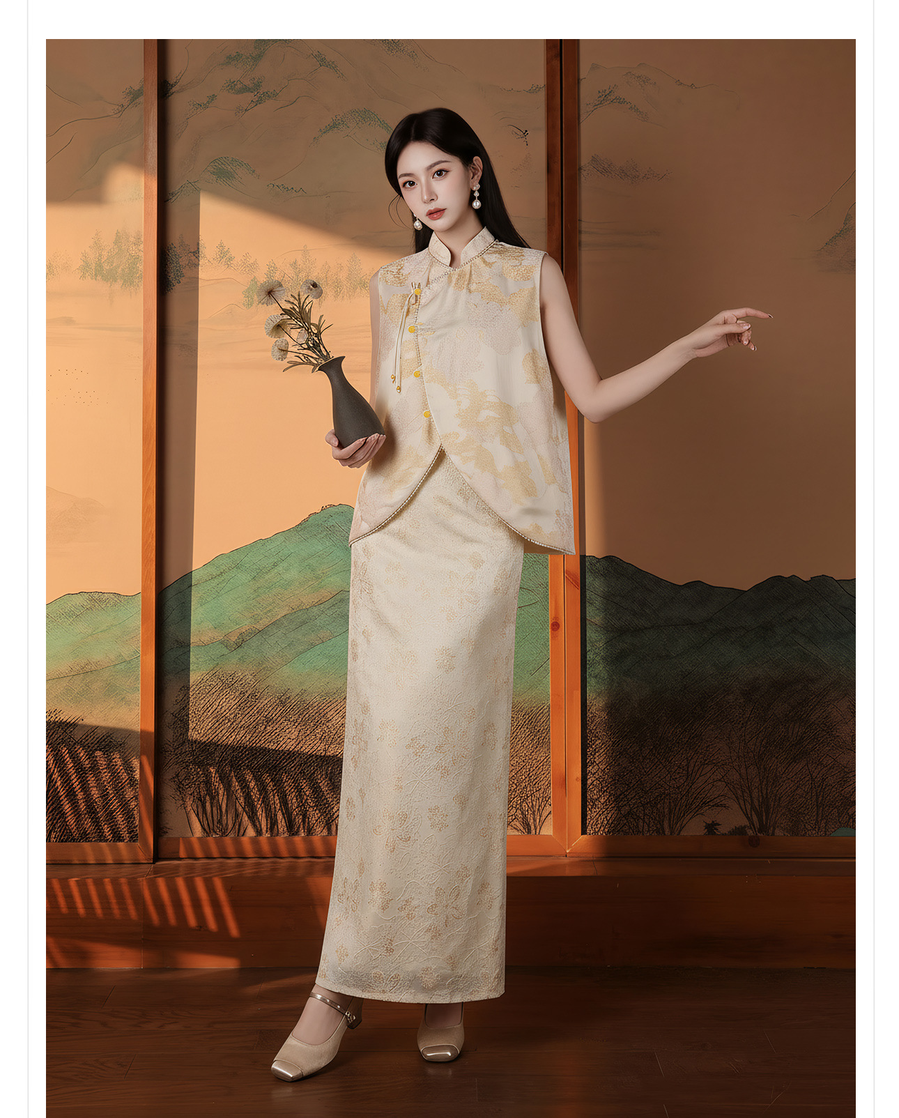 Set áo khoác gile + chân váy/quần dài nữ Tân Trung Hoa họa tiết in hoa vải nhuộm thực vật — Bộ [Áo khoác trắng bạc + Chân váy hồng đào], Bộ [Áo khoác trắng bạc + Quần dài trắng kem], Váy nửa màu hạnh nhân, Vàng trắng chi tiết 5