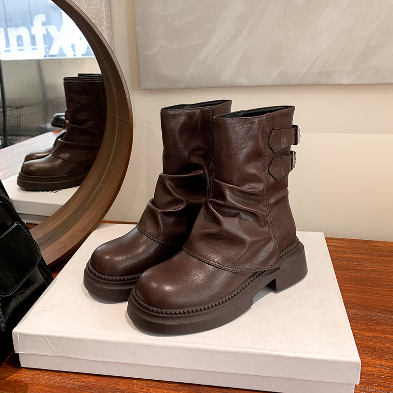 Retro British Style Thick Heel Belt Buckle Boots with Round Toe and Versatile Inside British Style Street Trouser Short Boots