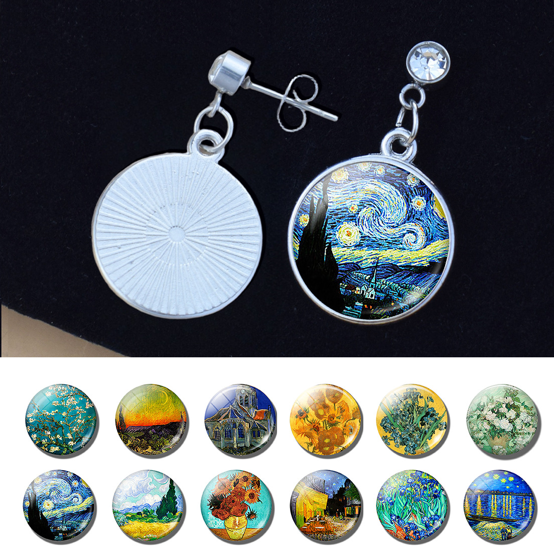 Pendientes de diamantes brillantes de flores Iris de girasol Van Gogh Art Starry Sky Pintura al óleo Pendientes de estilo europeo y americano medieval
