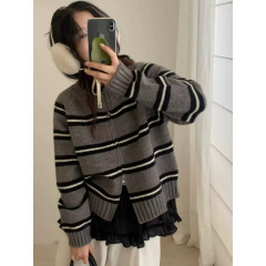 KANING韩系条纹双拉链针织开衫2025秋季新款女装短款圆领毛衣外套