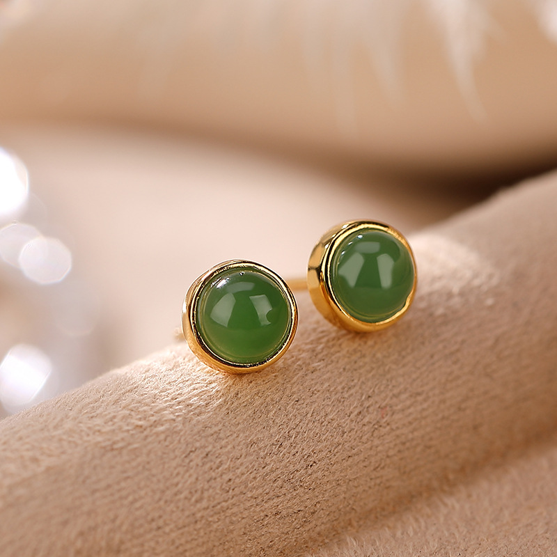 Bông tai bạc S925 mạ vàng đính ngọc bích trắng hạt tròn phong cách hoang dã — Mẫu Vàng jasper