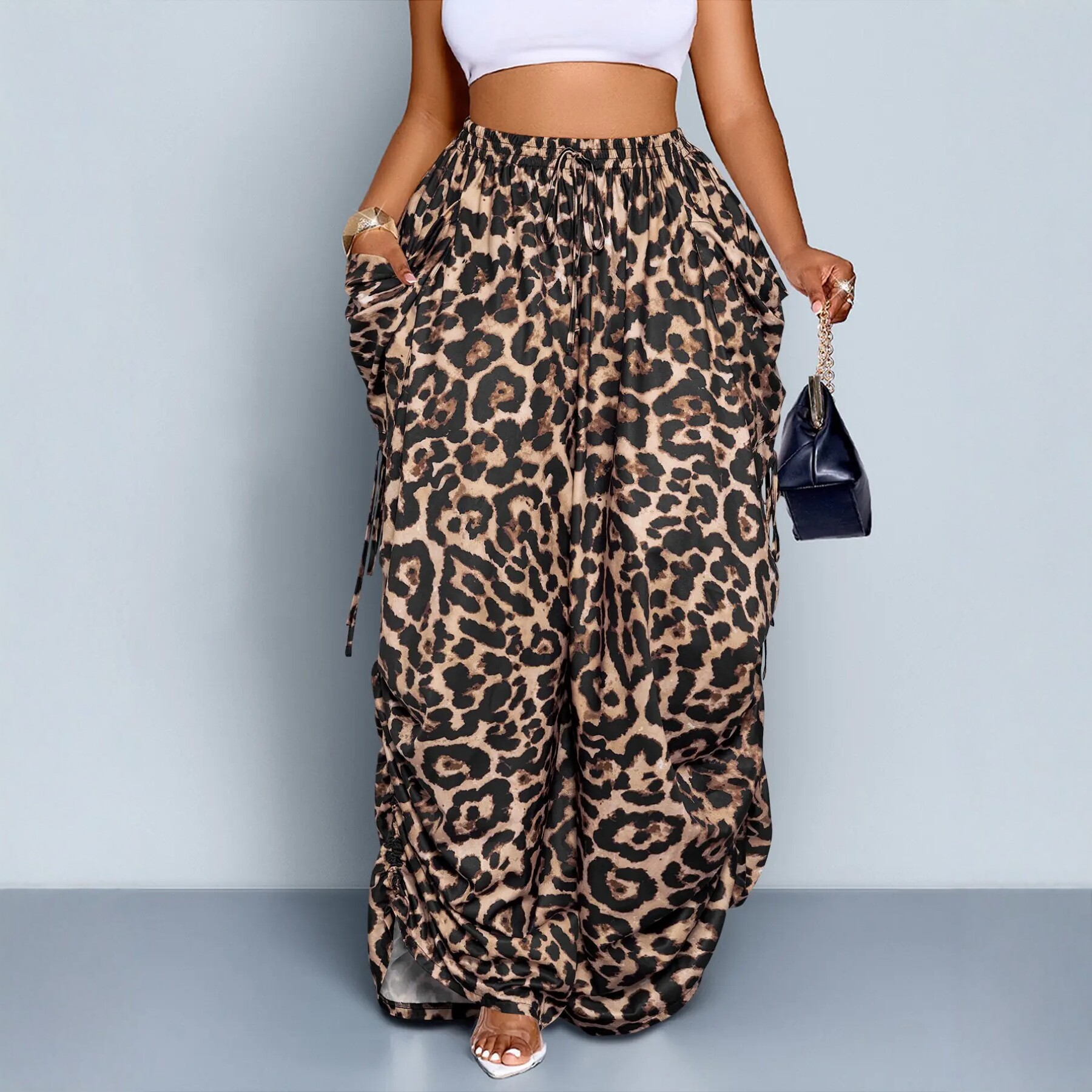 2026 European and American Foreign Trade Cross-Border New Style Loose Retro Punk Style Leopard Print Drawstring Pleated High-Waisted Wide-Leg Pants