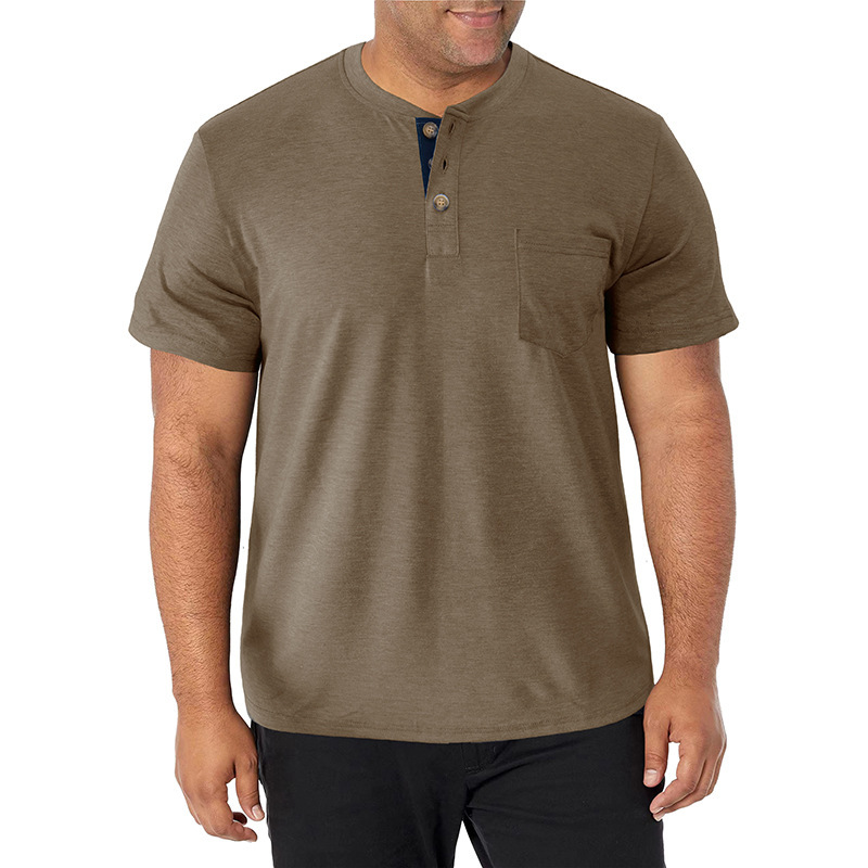 Men's Short-Sleeved Heavyweight Henley Shirt Work Clothes Cross-Border Large Size Men's Round Neck T-Shirt Basic Style Breathable and Comfortable