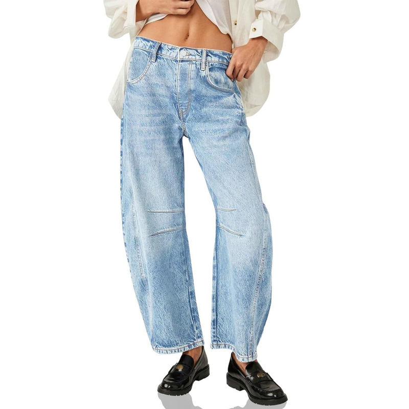 2W Mid-Waist Jeans Women's Loose Boyfriend Jeans Retro Wide-Leg Mid-Waist Barrel-Shaped Denim Ankle Pants