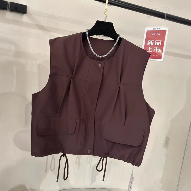 高端欧货下摆抽绳口袋设计无袖马甲女2025年秋季新款宽松背心外套|undefined