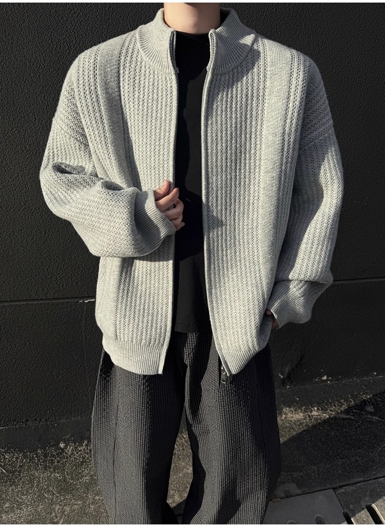Men's Stand Collar Knit Cardigan Oversized Pullover Sweater_voghion.com