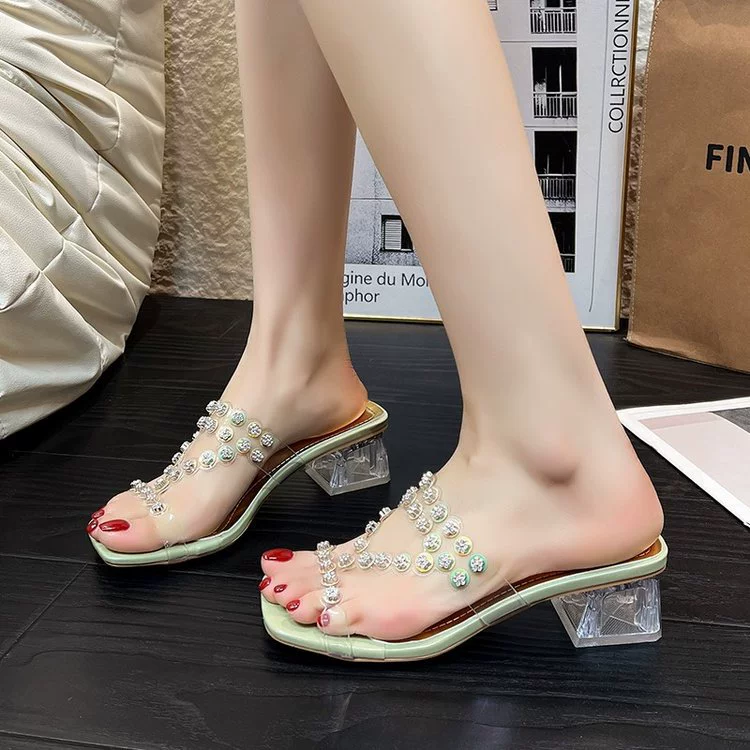 Прозрачные босоножки на толстом каблуке с кристаллами для женщин, летняя новинка 2025 года, модная обувь в стиле феи, высокие каблуки, шлепанцы.