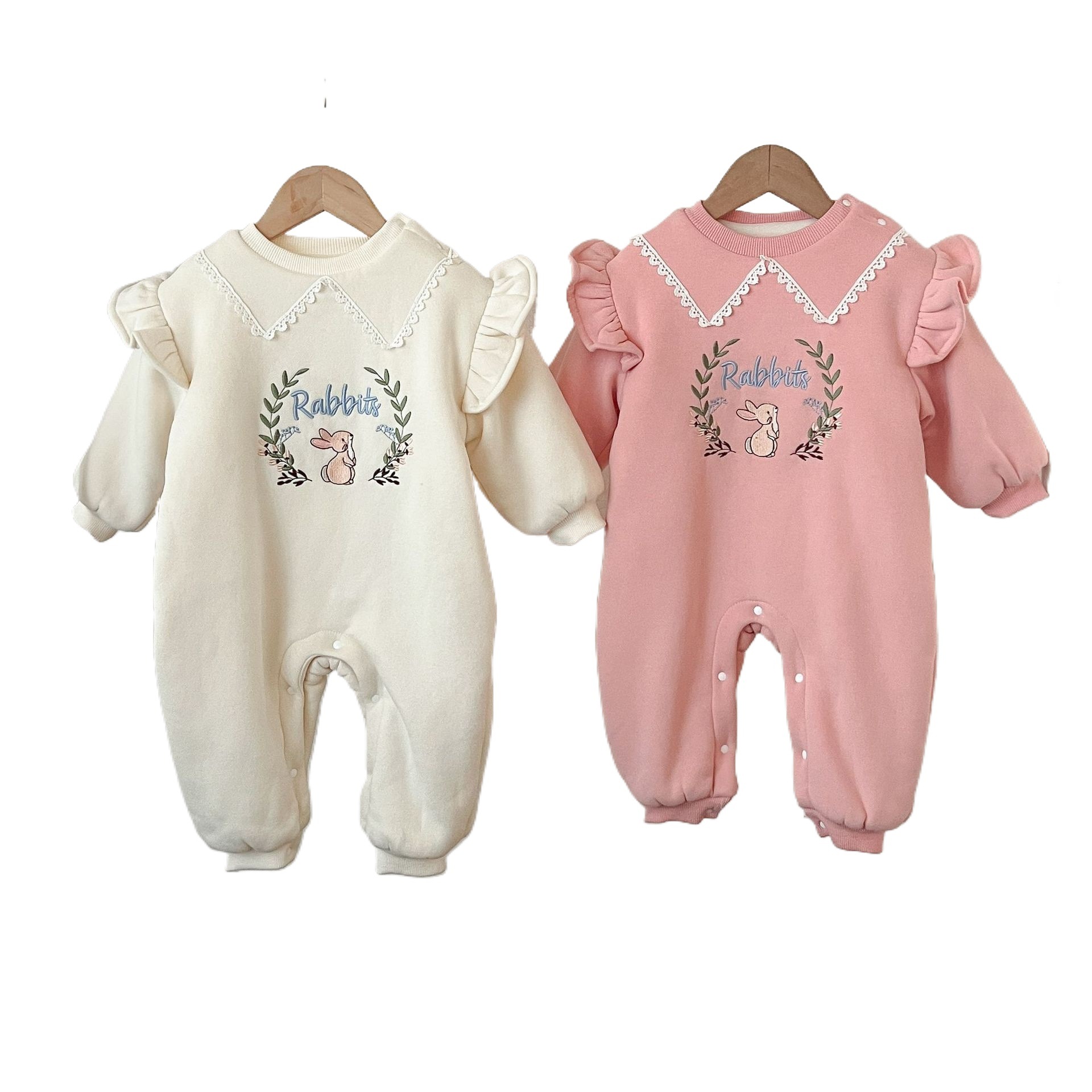 INS estilo coreano bebé de algodón forrado de lana engrosada conejo bordado mameluco recién nacido de moda invierno cálido