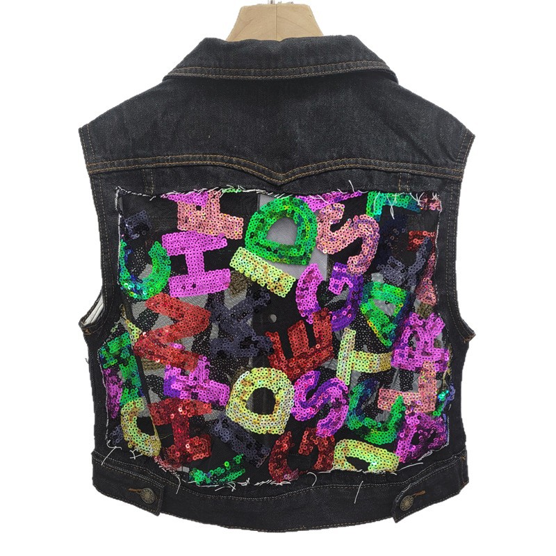 Heavy-duty bordado sequinilla empalme chaleco de vaquero mujer corto sin mangas chaleco de hombro chaleco de abrazadera