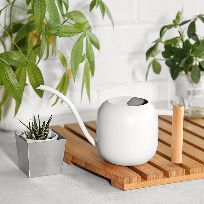 1200ML jardinería boca larga de riego de acero inoxidable en forma de tambor portátil regadera hogar pequeña regadera blanca