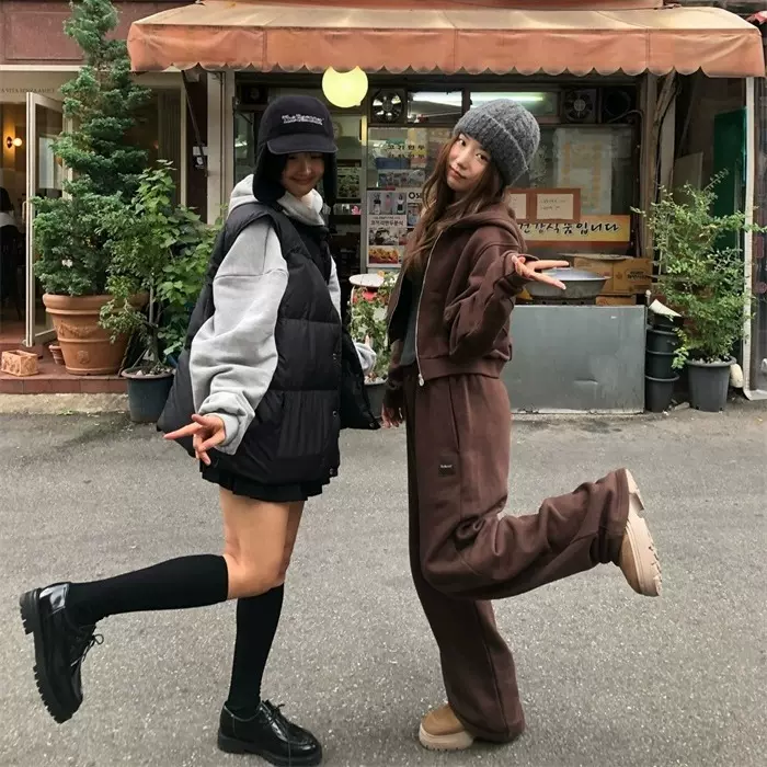 现货2024冬季新韩国东大门th*Bar*net连帽卫衣外套休闲裤加绒套装