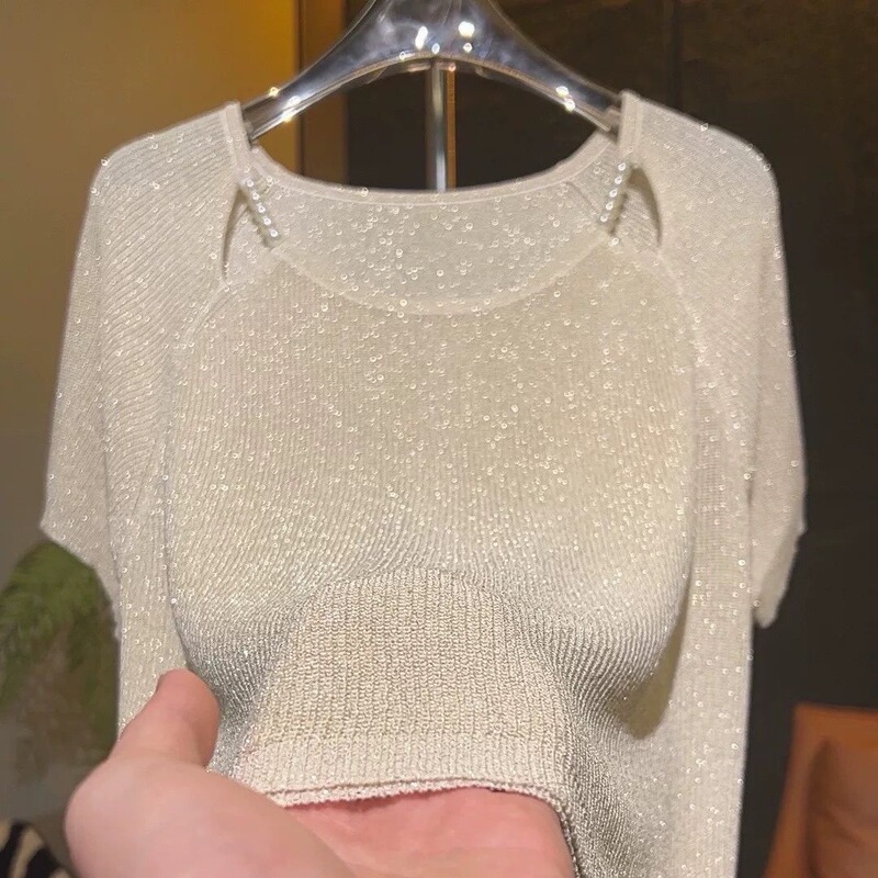 2026 New Style Knit Top with a Shiny Design, Large Size, Ice Silk, Beaded, Loose Fit, Slimming, Short Sleeve, Elegant Top