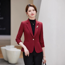 酒红色春秋冬季新款长袖职业休闲小西装领外套女裤子两件套装通勤