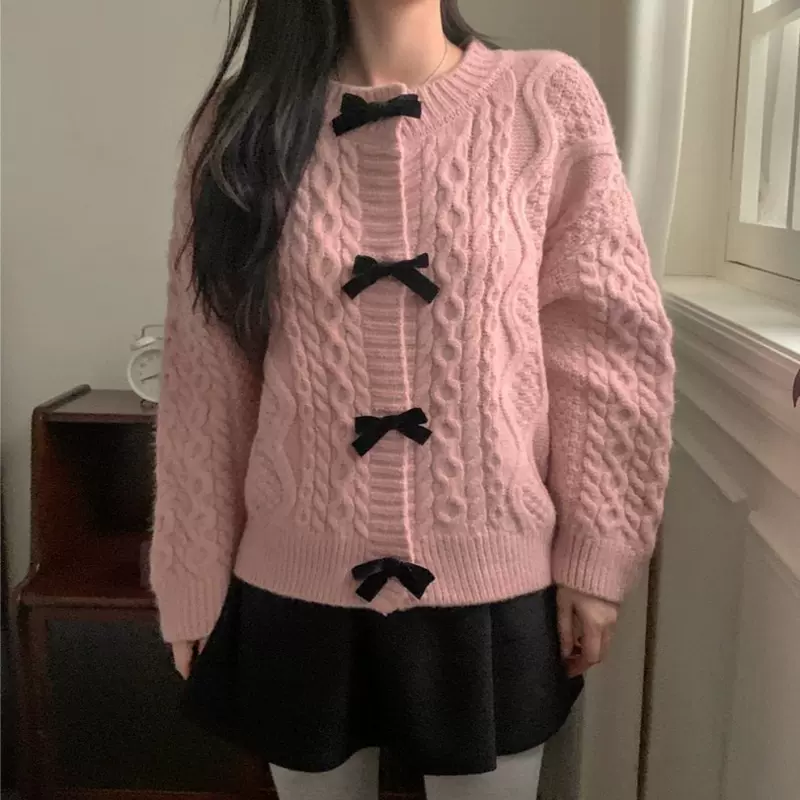 法式小香风复古麻花针织开衫外套春秋新款甜美风蝴蝶结软糯毛衣女