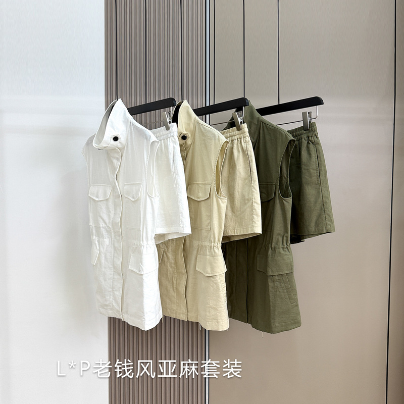 L*P Old Money Style Linen Casual Suit for Women, Adjustable Waist Workwear Sleeveless Stand Collar Jacket + Elastic Waist Drawstring Shorts