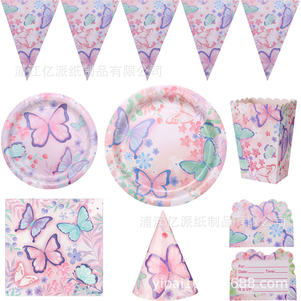 Nuevo juego de vajilla de fiesta con tema de mariposa de verano, bandeja de papel desechable, toallas de papel, cuchillo, tenedor, cuchara, suministros de decoración de fiesta