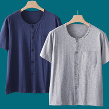 男T恤短袖汗衫夏季中老年系扣对襟老头衫爸爸开衫背心空调衫