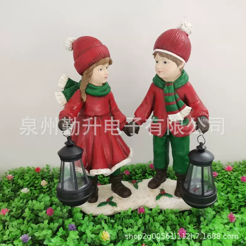树脂小孩提灯笼花园摆件太阳能灯户外庭院灯精灵装饰可爱男孩女孩