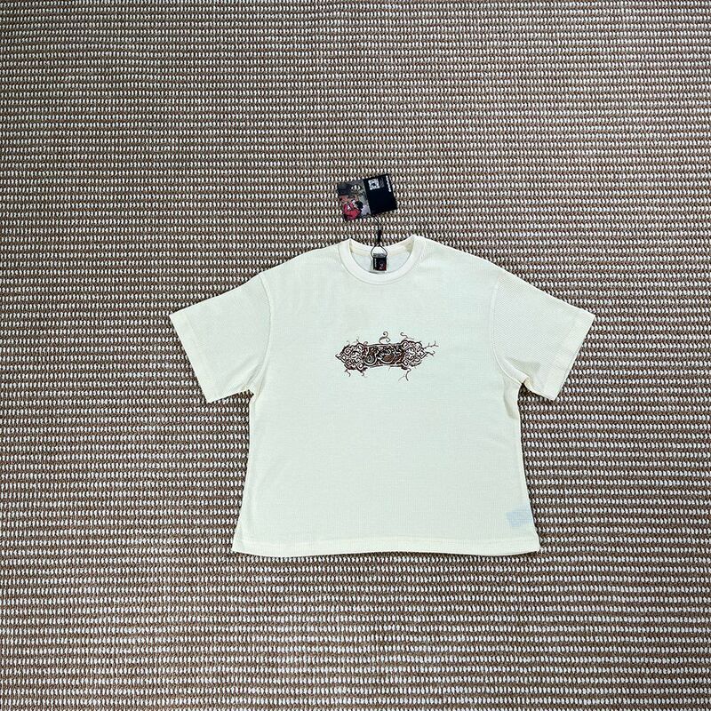 Derschutze Chrome Cool Style American Retro Heavy-Duty Embroidered Waffle Short-Sleeve T-Shirt