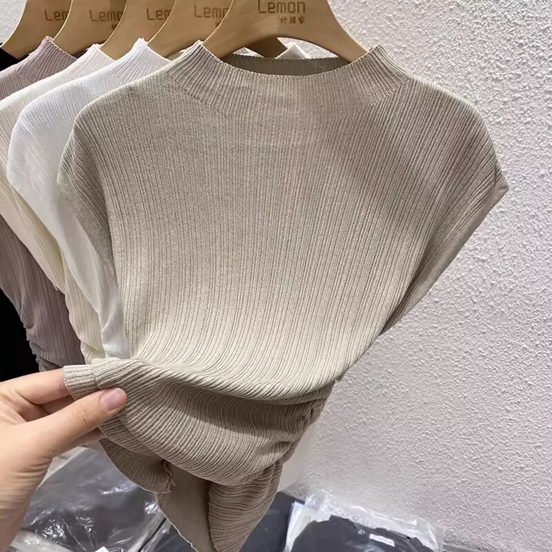 Half-high Collar Knitted Short-sleeved T-shirt Women's Design Sense Niche Summer Ice Silk Thin Base Shirt French Slim-fit Top