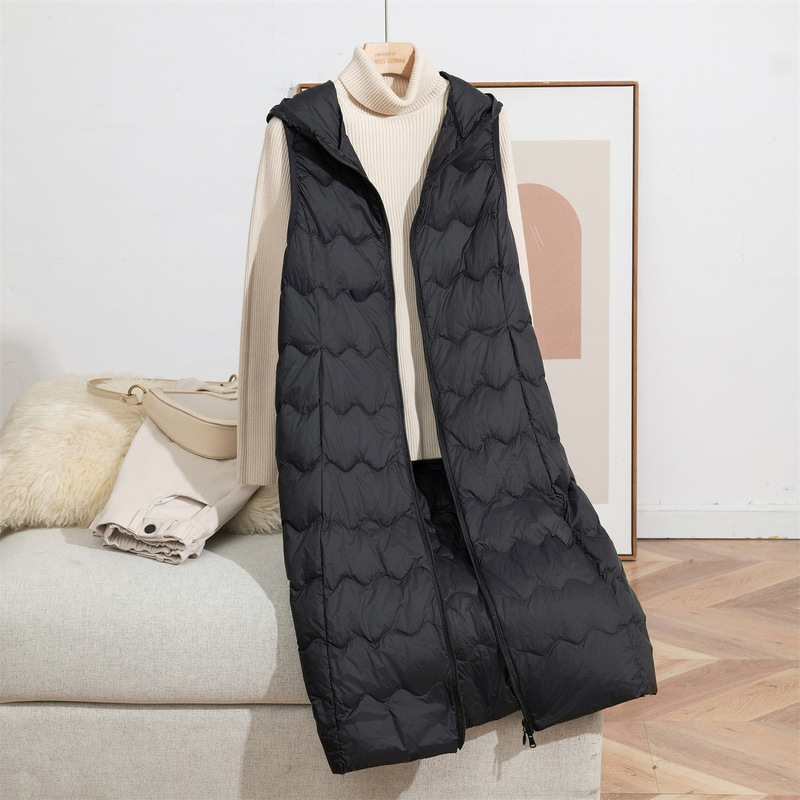 Youjia Clothing Lightweight down Vest for Women, Long Hooded Style, 2025 Autumn/Winter New Model, White Duck down Inner Liner, Warm Vest