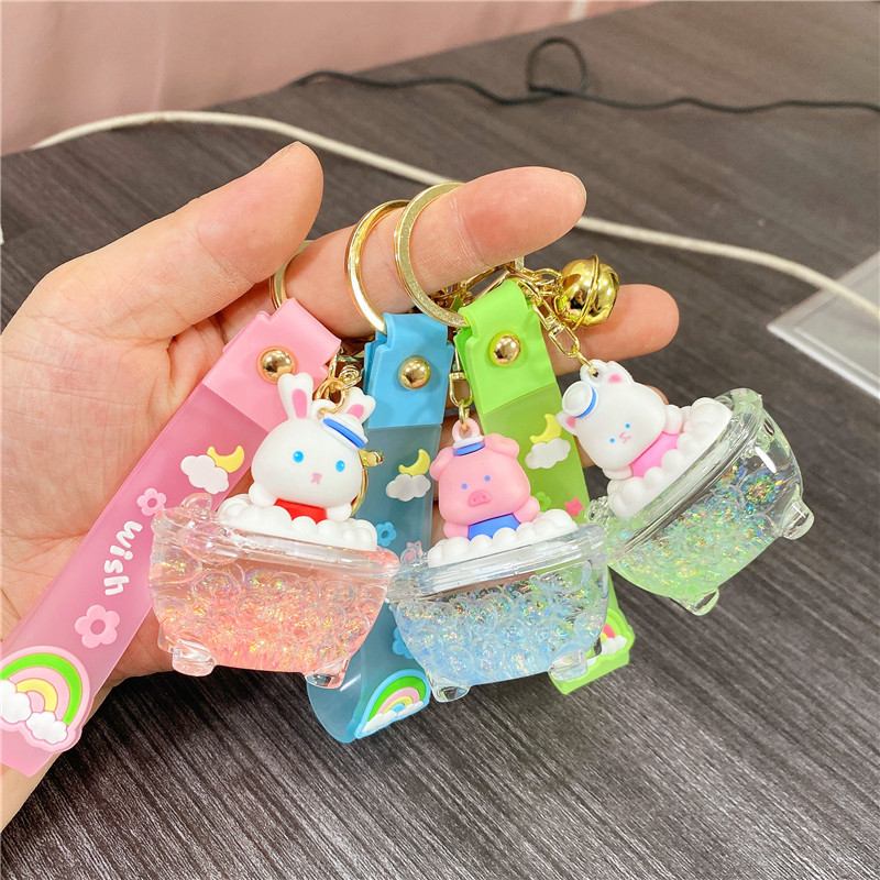 Luminous cartoon bear rabbit bathtub quicksand bottle keychain girl heart exquisite car key pendant bag ornaments