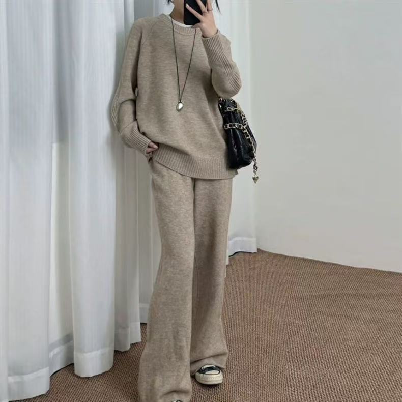 欧美跨境新款圆领宽松慵懒风简约长袖套头毛衣针织阔腿裤两件套|undefined