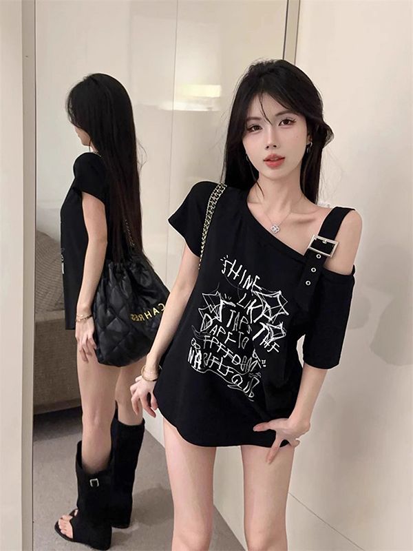 American-Style Hong Kong Fashion Spicy Girl Off-Shoulder Short-Sleeve T-Shirt for Women, Summer Design, Niche Style, Sweet and Cool, Loose Fit, Slimming Top