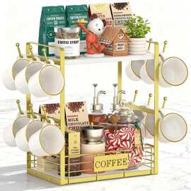 铁木结合咖啡站收纳架双层糖浆咖啡包茶包马克杯置物架咖啡杯挂架