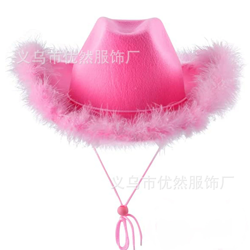 Cowboy Hat Pink Crown, non-woven with silver trim & rhinestone crown, fringed brim