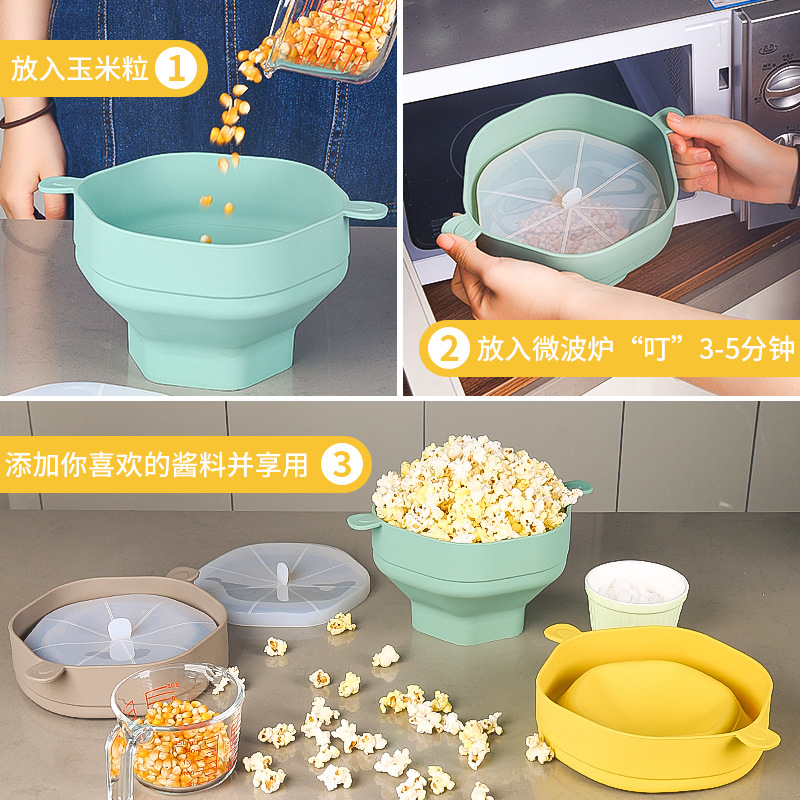 Cubo/bol para palomitas de maíz de silicona resistente al microondas y altas temperaturas, de Amazon transfronterizo, grande, con mango.