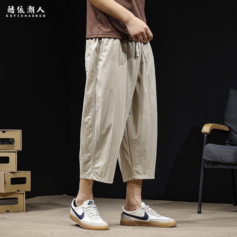 Lightweight Casual Cropped Pants for Men, Summer 2026 New Style, Loose Fit, Plus Size, Linen Pants, Simple Japanese Style
