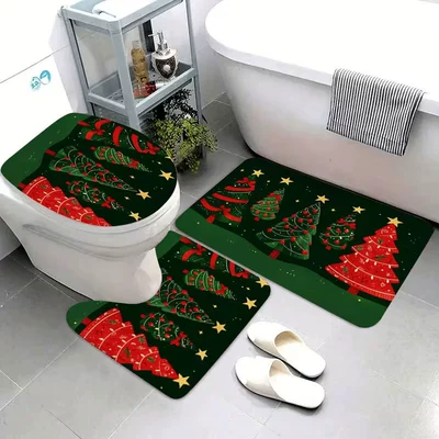 Cross-border diatomite toilet seat cover and floor mat 3-piece set, water-absorbent, dirt-resistant, non-slip floor mat, Christmas holiday floor mat