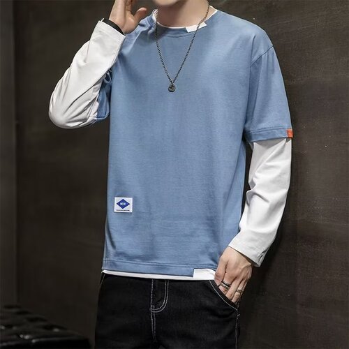 Men's Spring Korean Style Pajama Top with Long Sleeve Base Shirt, Round Neck Slim Fit Autumn T-Shirt Top