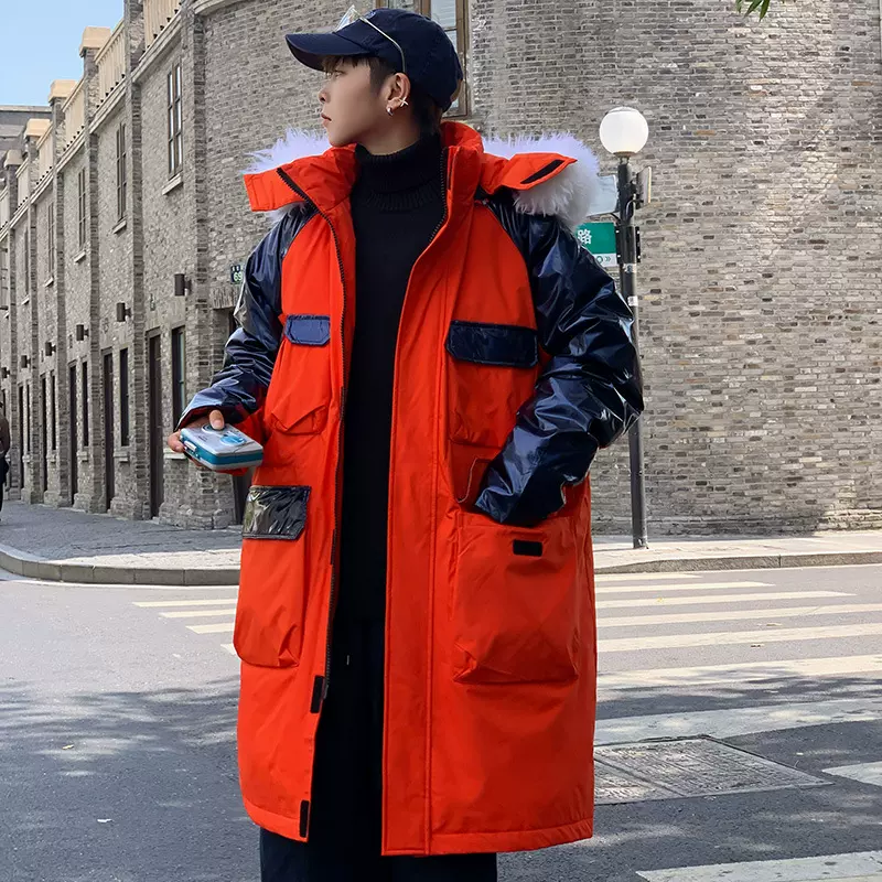 定制logo90绒中长款连帽羽绒服男女秋冬季潮牌毛领羽绒服大码工装