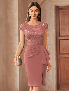 N 3322 Elegant Sequin Lace Slit Bodycon Dress ��Ƭ�ٽz�B��ȹ