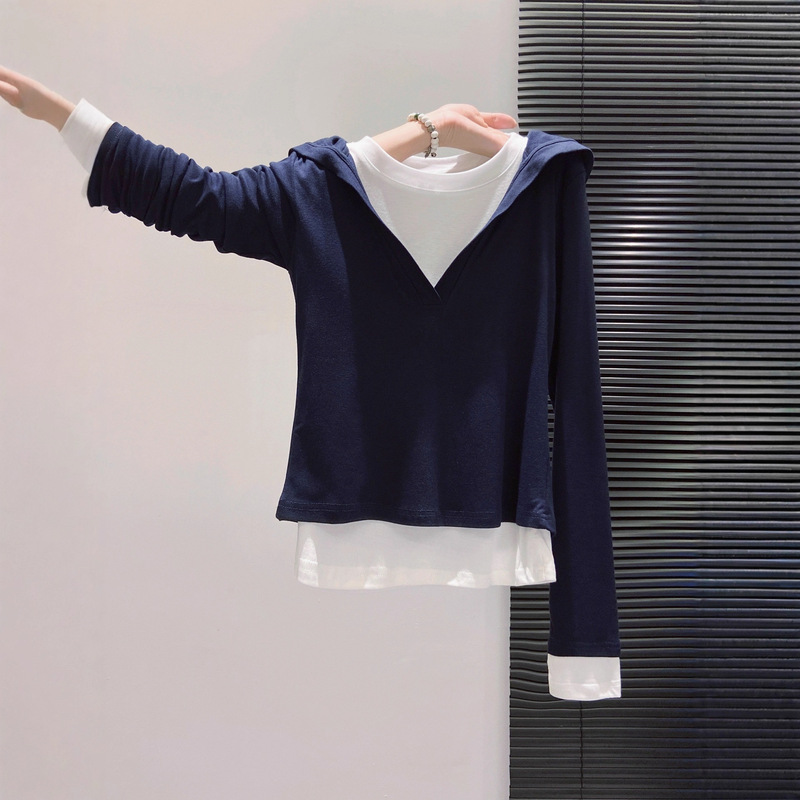 Hooded Fake Two-Piece Long-Sleeved T-Shirt for Women 2025 Autumn New Women's Design Slimming Look Bottoming Shirt A6364